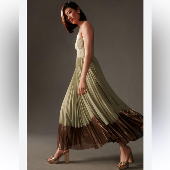 Anthropologie Green and gold Pleated Corset Dress - Picture 5 of 6